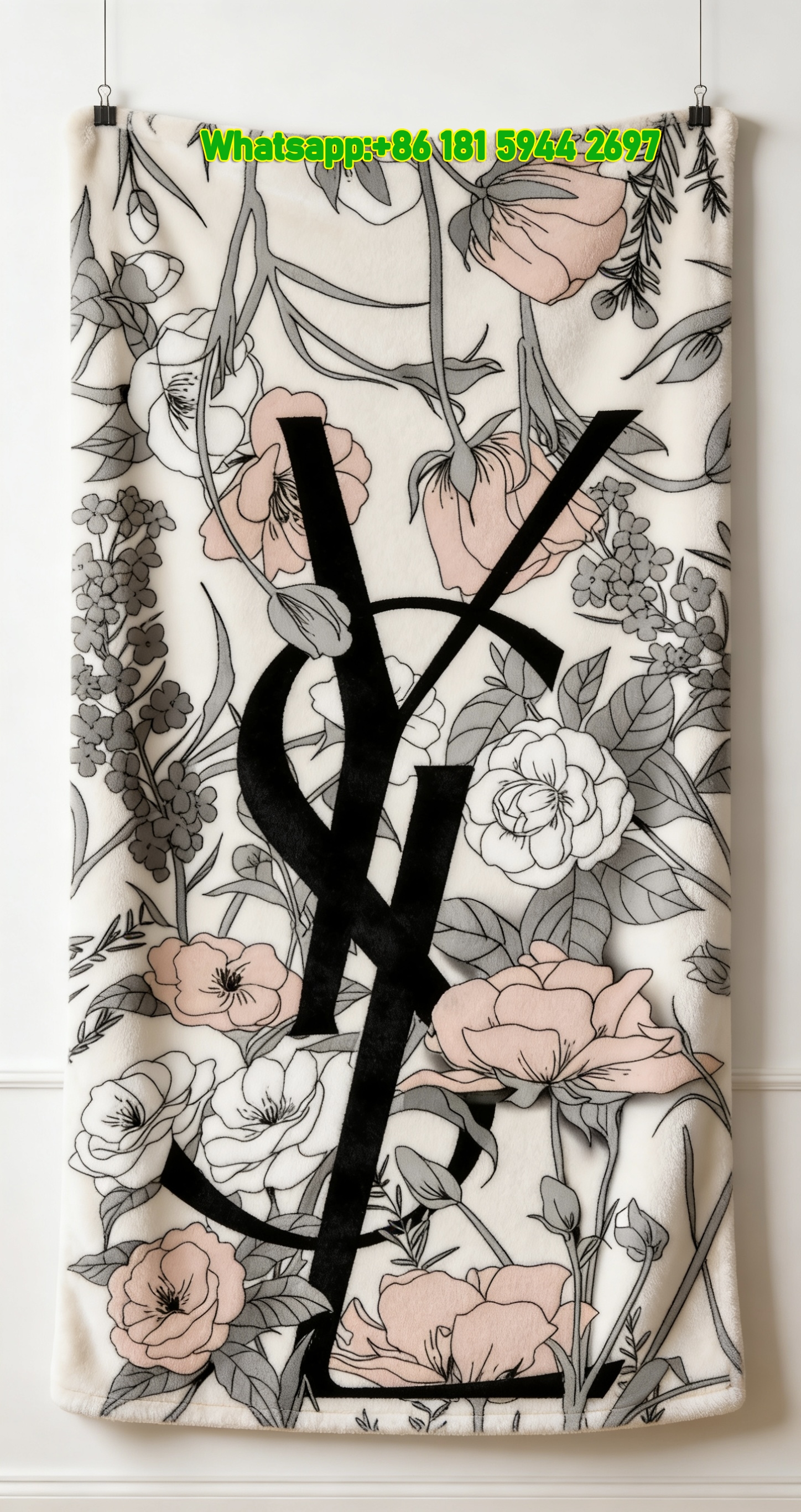 Yves Saint Laurent YSL Black White and Blush Pink Floral Print Flannel Throw Blanket IMG_3274